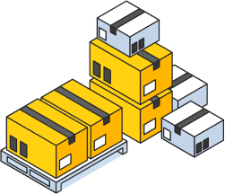 Các thùng container màu vàng và trắng được xếp chồng lên nhau trên pallet.