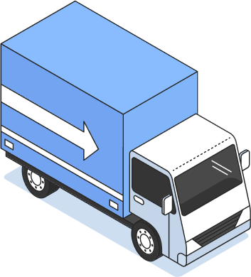 Xe tải màu xanh với mũi tên trắng bên hông, nhìn từ góc trên xuống.