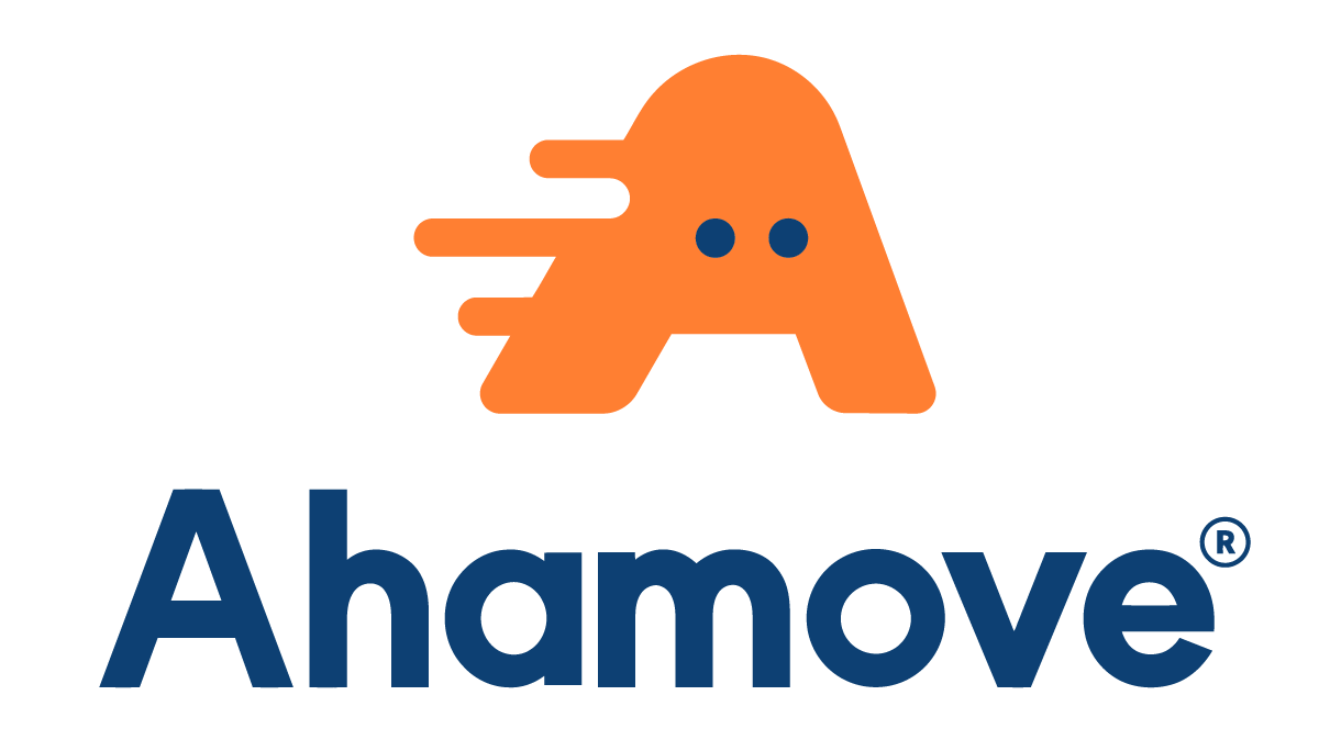 Logo Ahamove màu cam và xanh lam với chữ 'Ahamove' bên dưới biểu tượng chữ A cách điệu có các đường nét tượng trưng cho sự chuyển động.