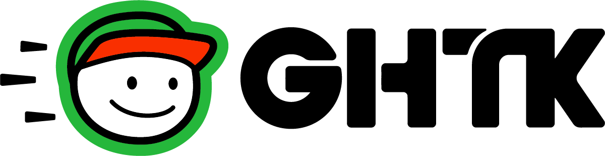 Biểu tượng mặt cười đội mũ đỏ viền xanh bên cạnh chữ GHTK màu đen.