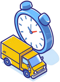 Hình minh họa chiếc xe tải màu vàng bên cạnh đồng hồ bấm giờ màu xanh.