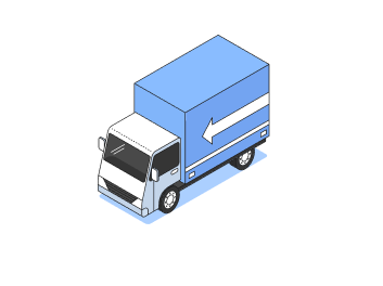 Xe tải màu xanh chạy trên đường có hai làn kẻ trắng, đầu xe hướng về bên trái.