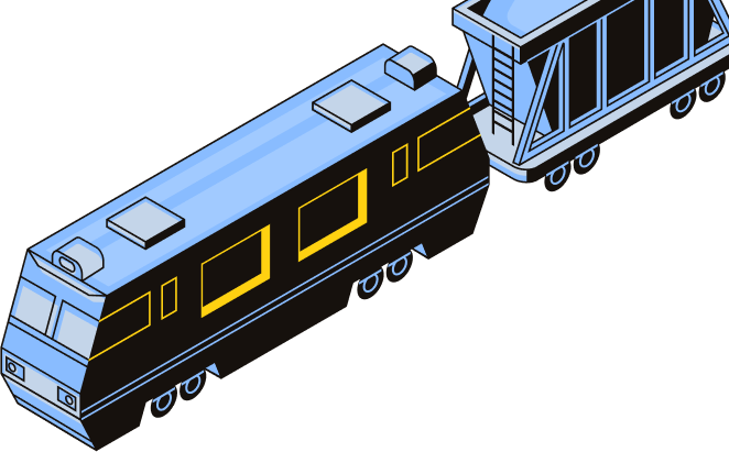 Minh họa tàu hỏa màu xanh và đen nối với toa hàng màu xanh làm từ đồ họa isometric.