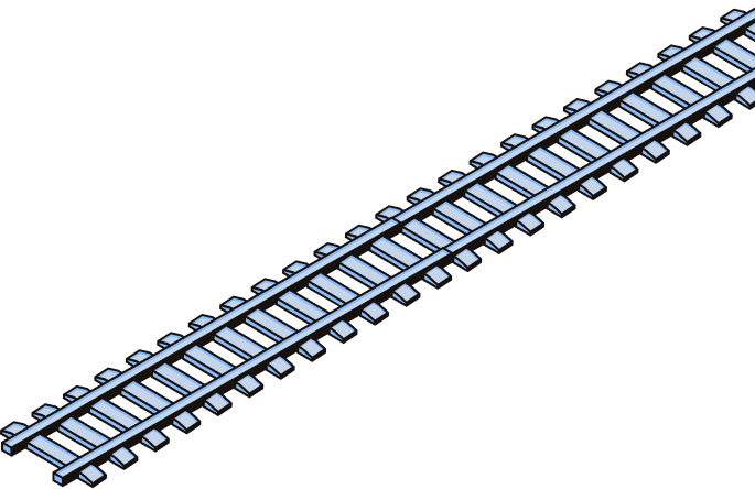 Một đoạn đường ray tàu hỏa với các thanh ray song song và các thanh tà vắt ngang, nền trong suốt.