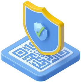 Biểu tượng chiếc khiên màu xanh dương với viền vàng và dấu tích màu xanh lá trên mã QR nền xanh dương.