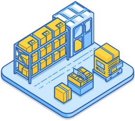 Mô hình kho chứa với các thùng và kệ lưu trữ màu vàng đặt trong khu vực kho.