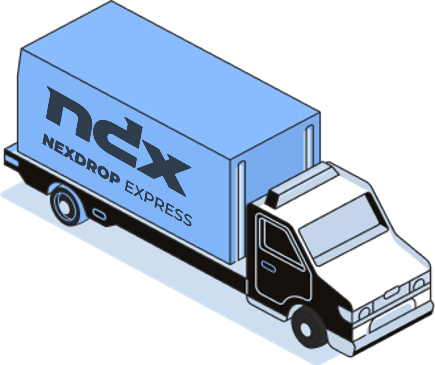 Xe tải màu trắng và xanh với logo và chữ NEXDROP EXPRESS trên thùng hàng.