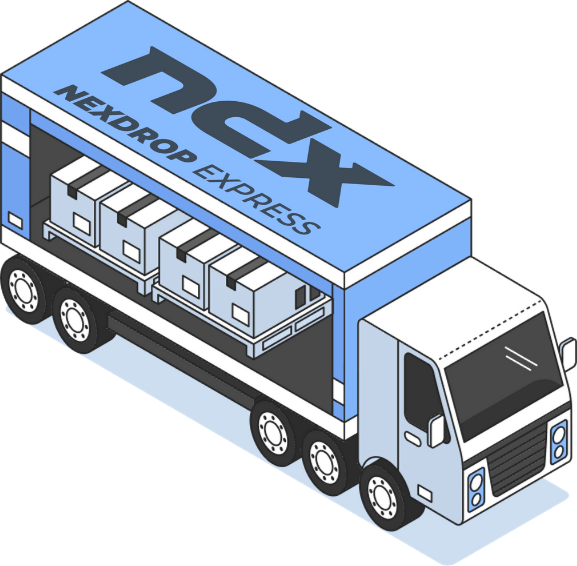 Xe tải chở hàng màu xanh với logo NEXDROP EXPRESS và các kiện hàng bên trong.