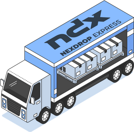 Xe tải NEXDROP EXPRESS màu xanh với cửa bên mở, bên trong có các thùng hàng xếp gọn.